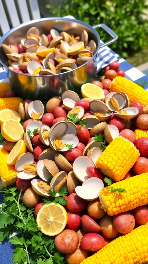 A classic clam boil with clams, sausage, corn, and potatoes on a rustic outdoor table.